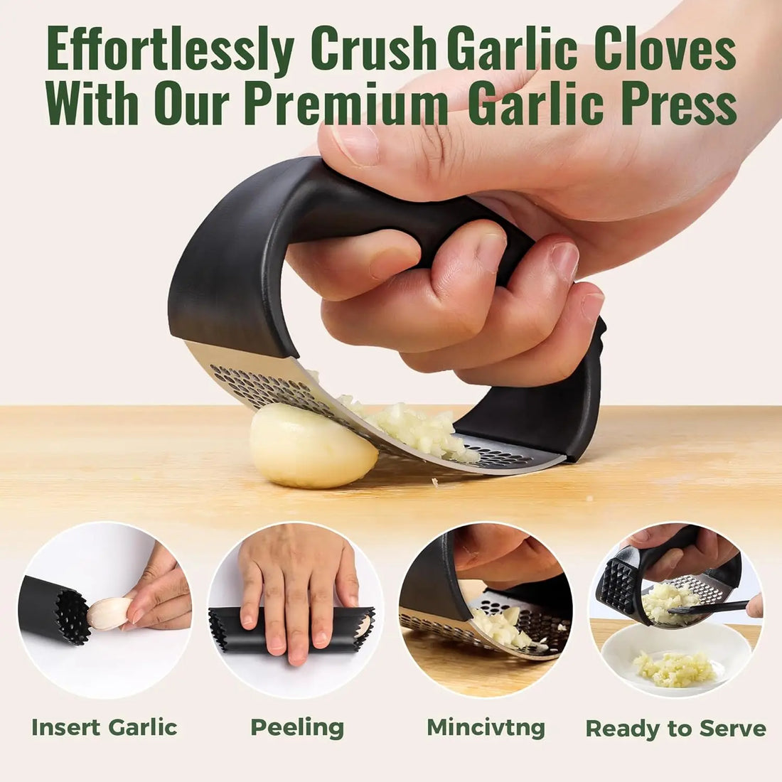 Stainless Steel Garlic Press Rocker with Peeler & Brush