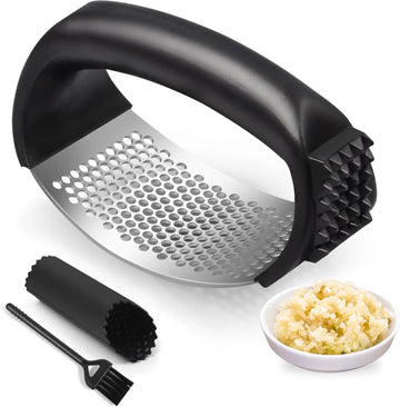 Stainless Steel Garlic Press Rocker with Peeler & Brush